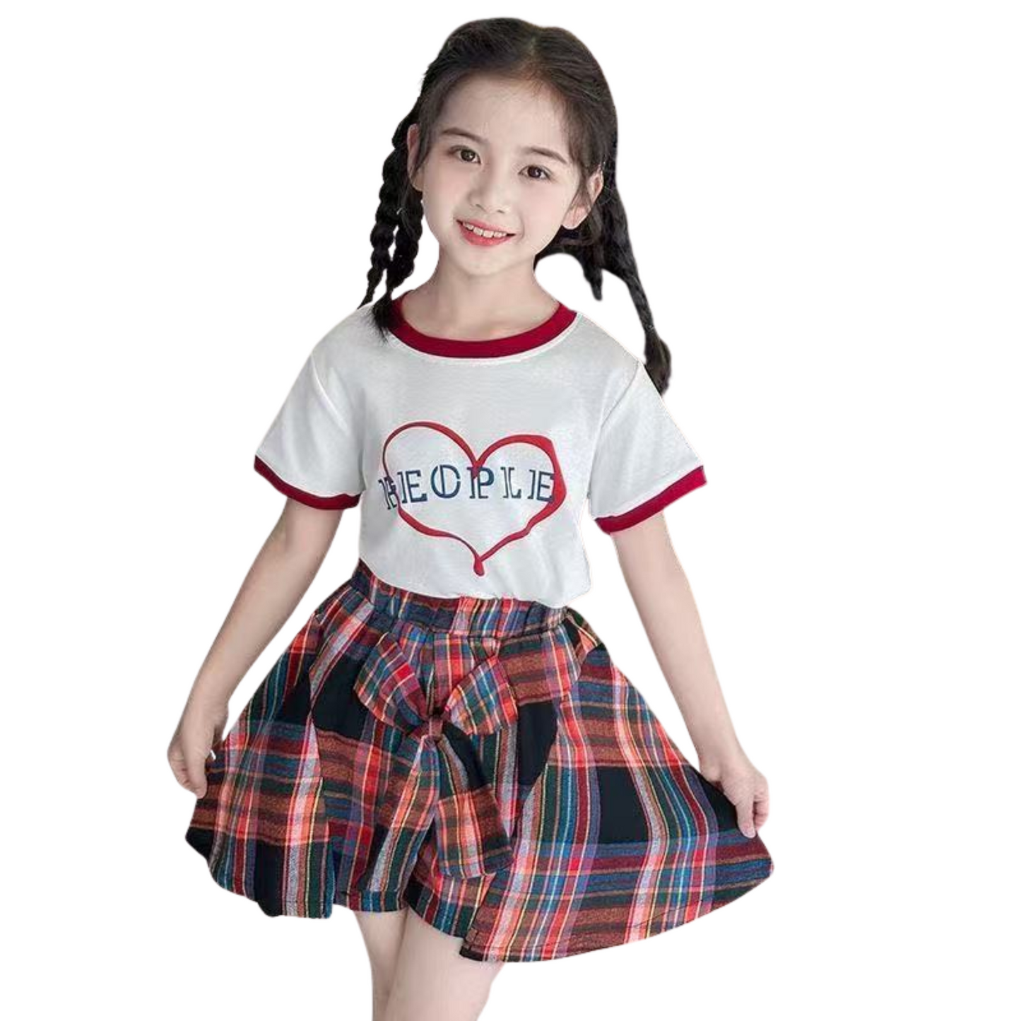 【メール便OK】ハートプリントTシャツと巻きシャツ風スカートセットアップ wrw25ss414