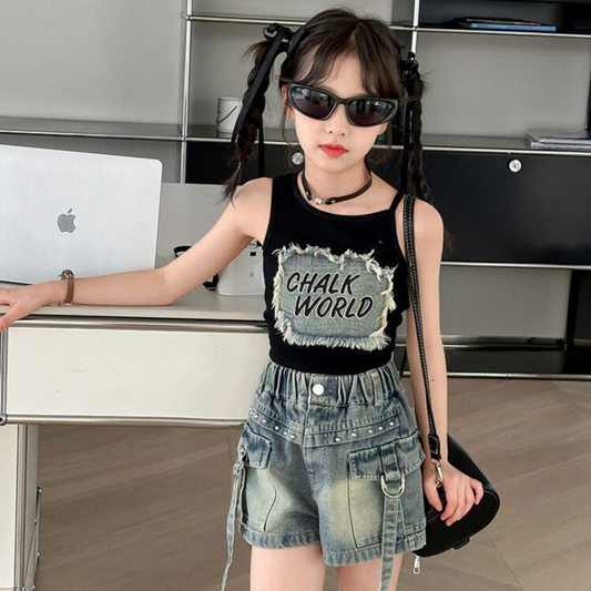 【メール便OK】フリンジ デニムパッチ タンクトップ Tシャツ wrw1062876