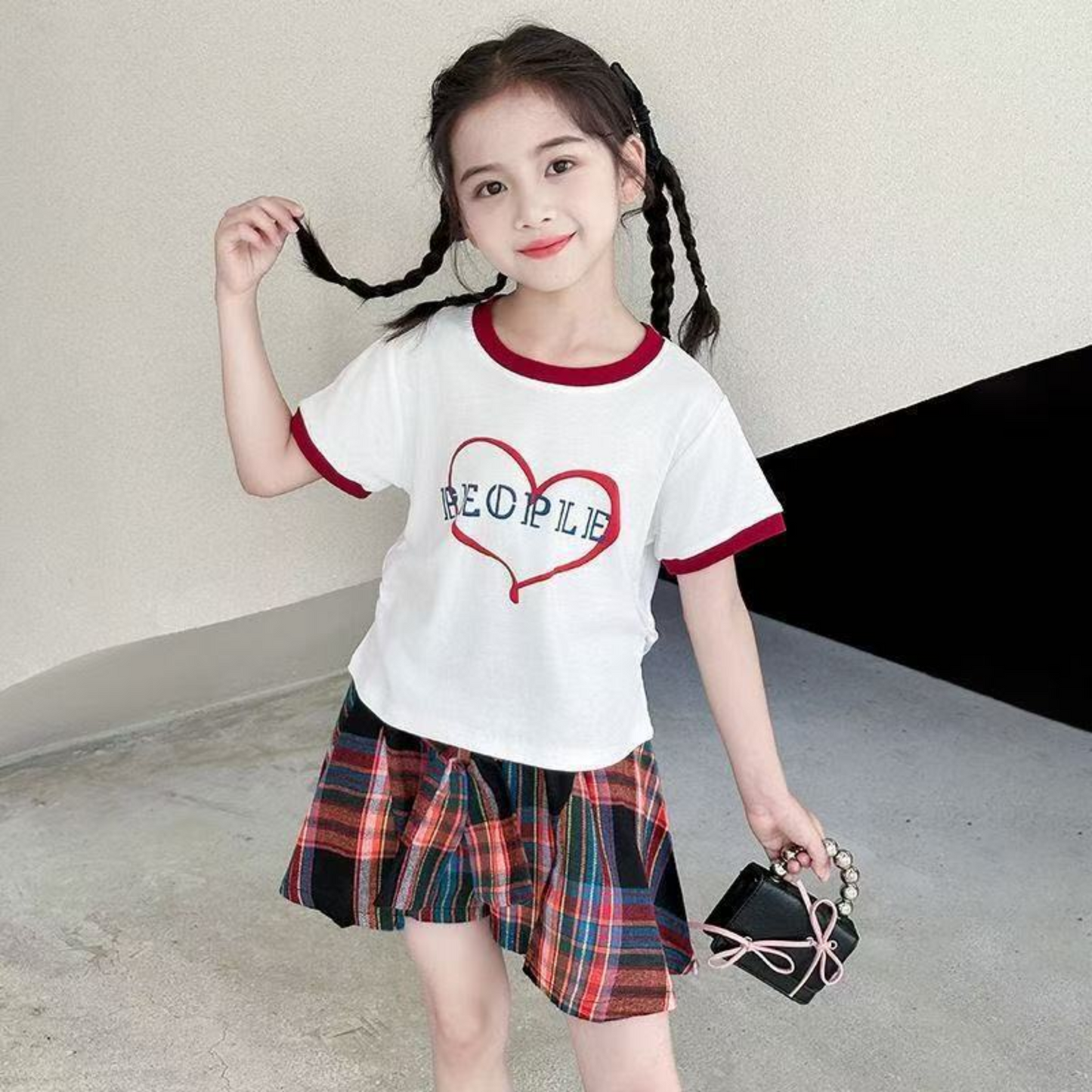 【メール便OK】ハートプリントTシャツと巻きシャツ風スカートセットアップ wrw25ss414