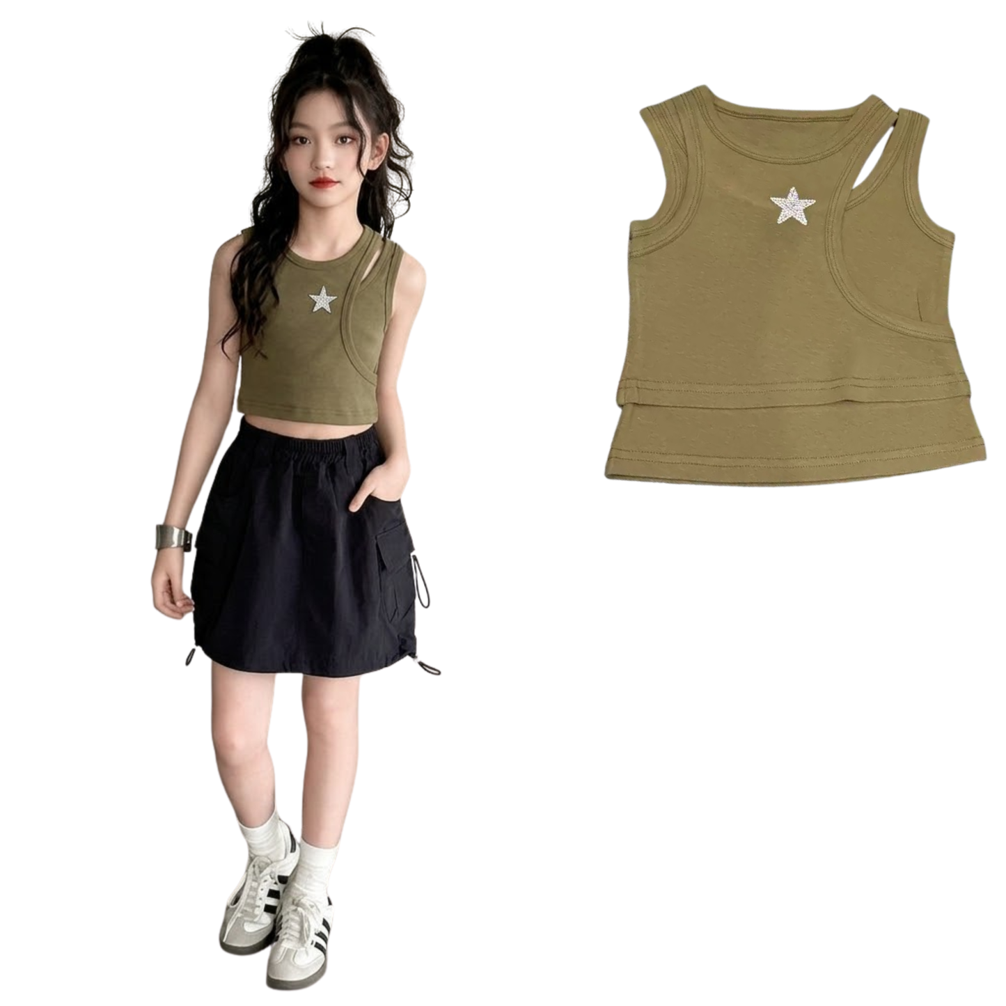 フェイクレイヤード ラインストーンスター タンクトップTシャツ  　wrw1062736