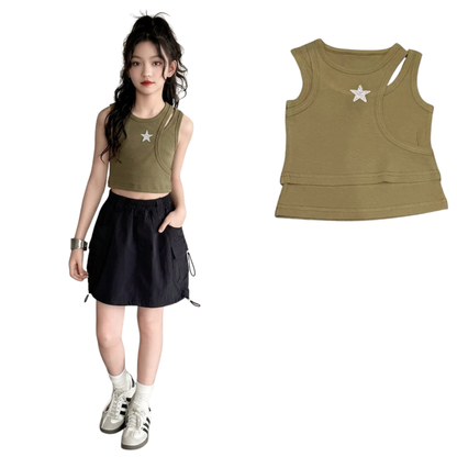 フェイクレイヤード ラインストーンスター タンクトップTシャツ  　wrw1062736
