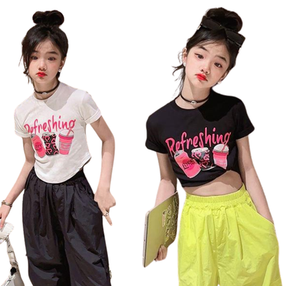 ドリンクプリント ラウンドヘム クロップドTシャツ  　wrw1062826