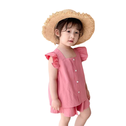 【メール便OK】ノースリーブ 肩フリルトップスとショートパンツセットアップ   wrw25ss110