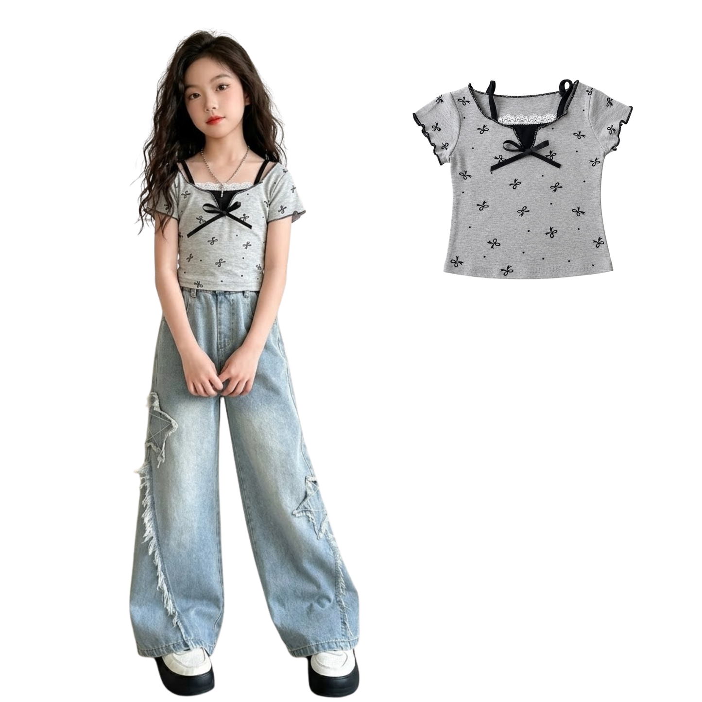 フェイクレイヤード 総柄リボン メローTシャツ    wrw1062796