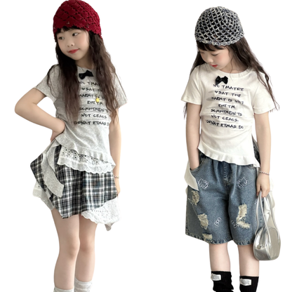 フロントリボン 英字プリント 裾フリルTシャツ  wrw1062626
