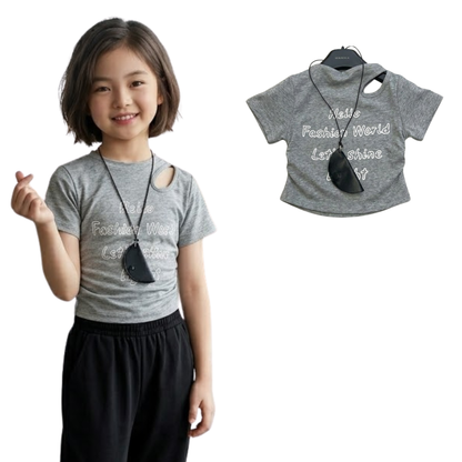ワンショル風カットアウトサイドギャザー メッセージロゴTシャツ 　wrw1062836