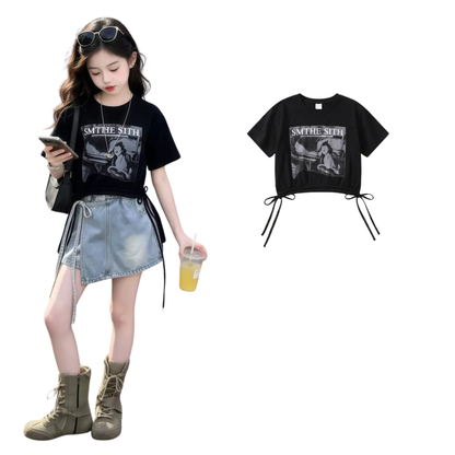 グラフィックプリント 裾ドロスト クロップドTシャツ  　wrw1062856