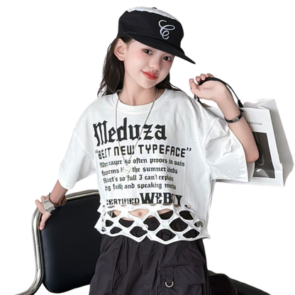 英字ロゴプリント 裾クラッシュクロップドTシャツ 　wrw1062866