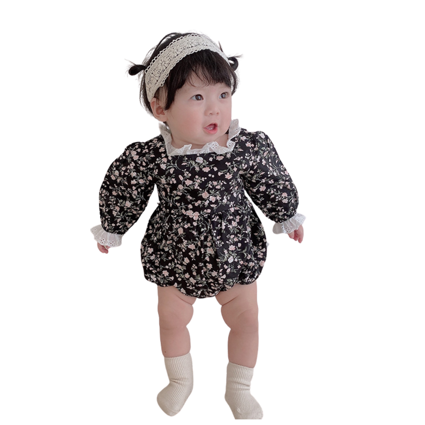 小花柄xレースふんわり長袖ロンパース  wrw25aw003