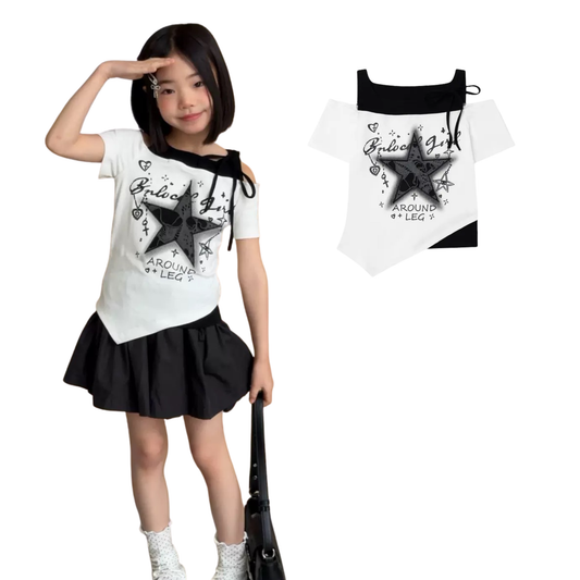 【メール便OK】星プリントグラフィック ワンショル肩あきリボンTシャツ   wrw1062576