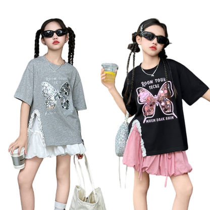 裾スリット切り替え スパンコールバタフライ チュニックTシャツ	wrw1022246