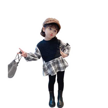 【メール便OK】　ニット重ね着風フリルチュニックチェック柄ブラウス wrw24aw377