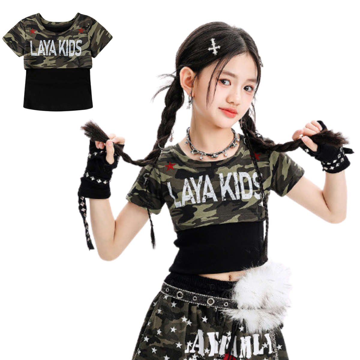 【メール便OK】迷彩柄 ロゴプリント クロップド半袖Tシャツ 　wrw10621046