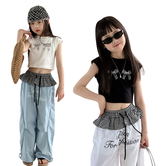 【メール便OK】ダブルリボン フレンチスリーブクロップドTシャツ  　wrw1062676