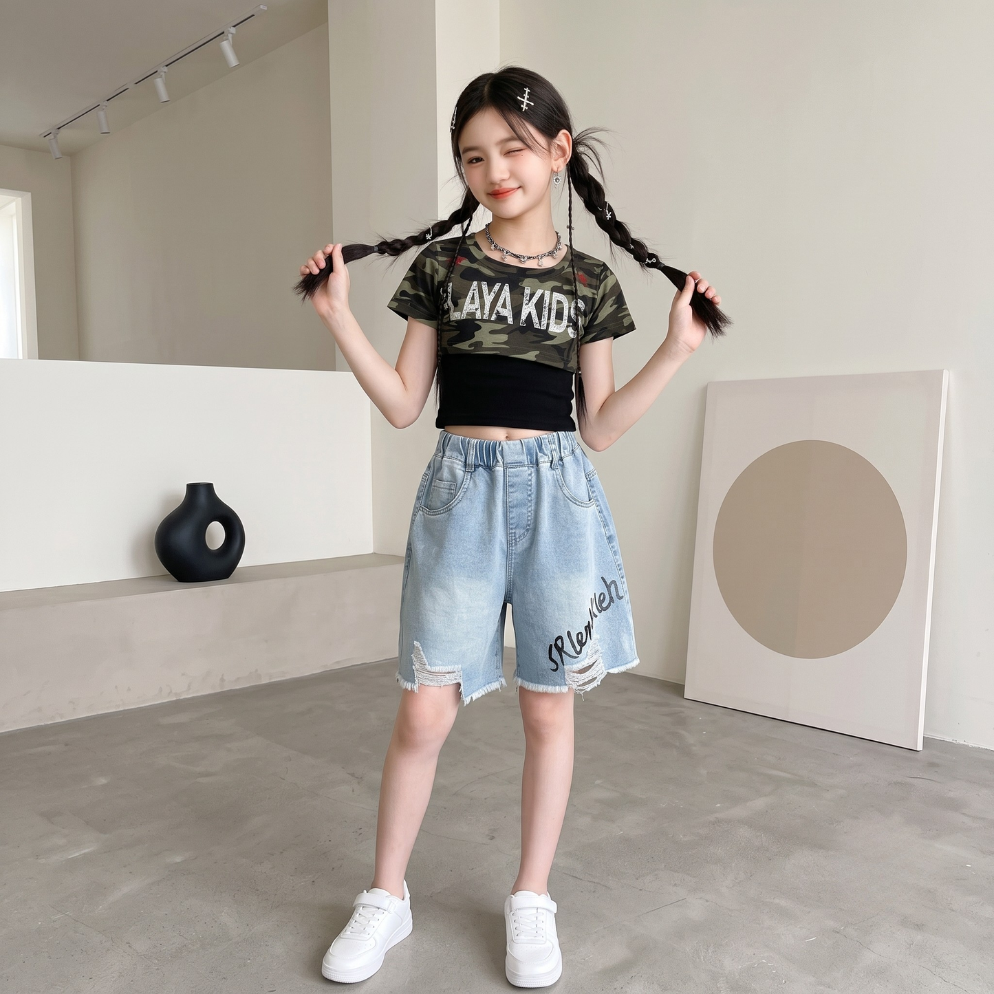 【メール便OK】迷彩柄 ロゴプリント クロップド半袖Tシャツ 　wrw10621046