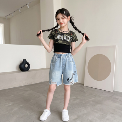 【メール便OK】迷彩柄 ロゴプリント クロップド半袖Tシャツ 　wrw10621046