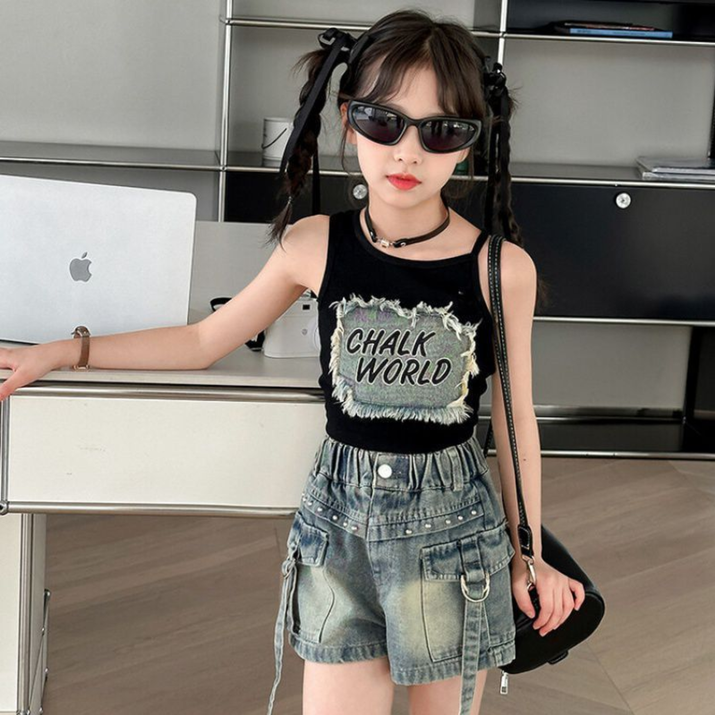 フリンジ デニムパッチ タンクトップ Tシャツ 　wrw1062876