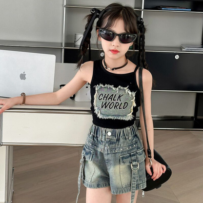 フリンジ デニムパッチ タンクトップ Tシャツ 　wrw1062876