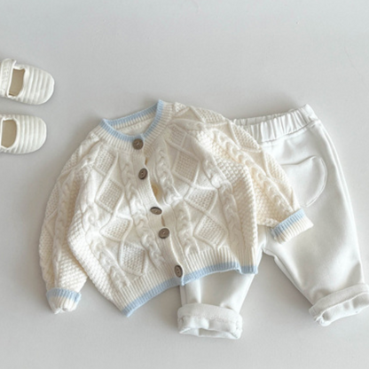 【メール便OK】袖口と裾のライン配色ウッドボタンニットセーター　wrw25aw020