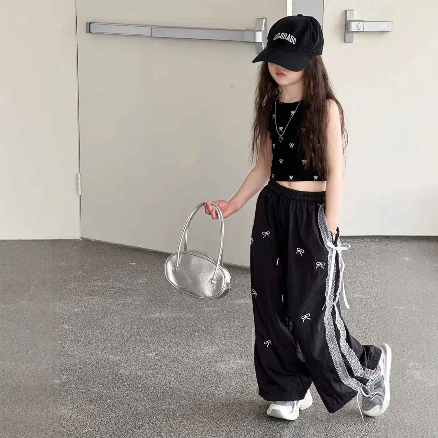 リボン柄 サイドレース ワイドパラシュートパンツ  　wrw1082056