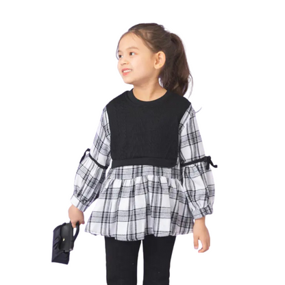 【メール便OK】　ニット重ね着風フリルチュニックチェック柄ブラウス wrw24aw377