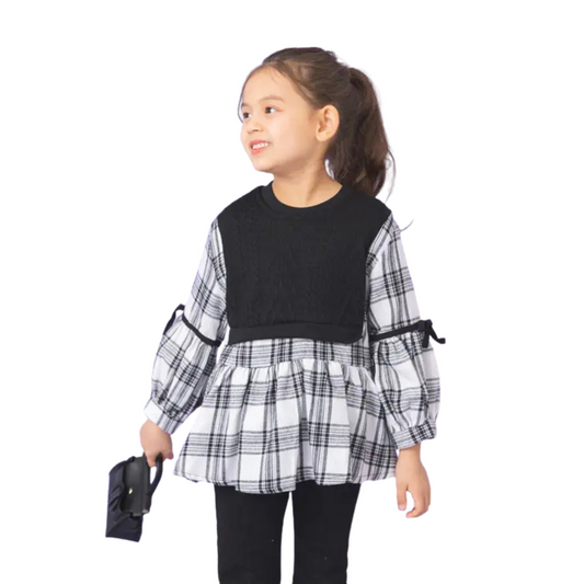 【メール便OK】　ニット重ね着風フリルチュニックチェック柄ブラウス wrw24aw377