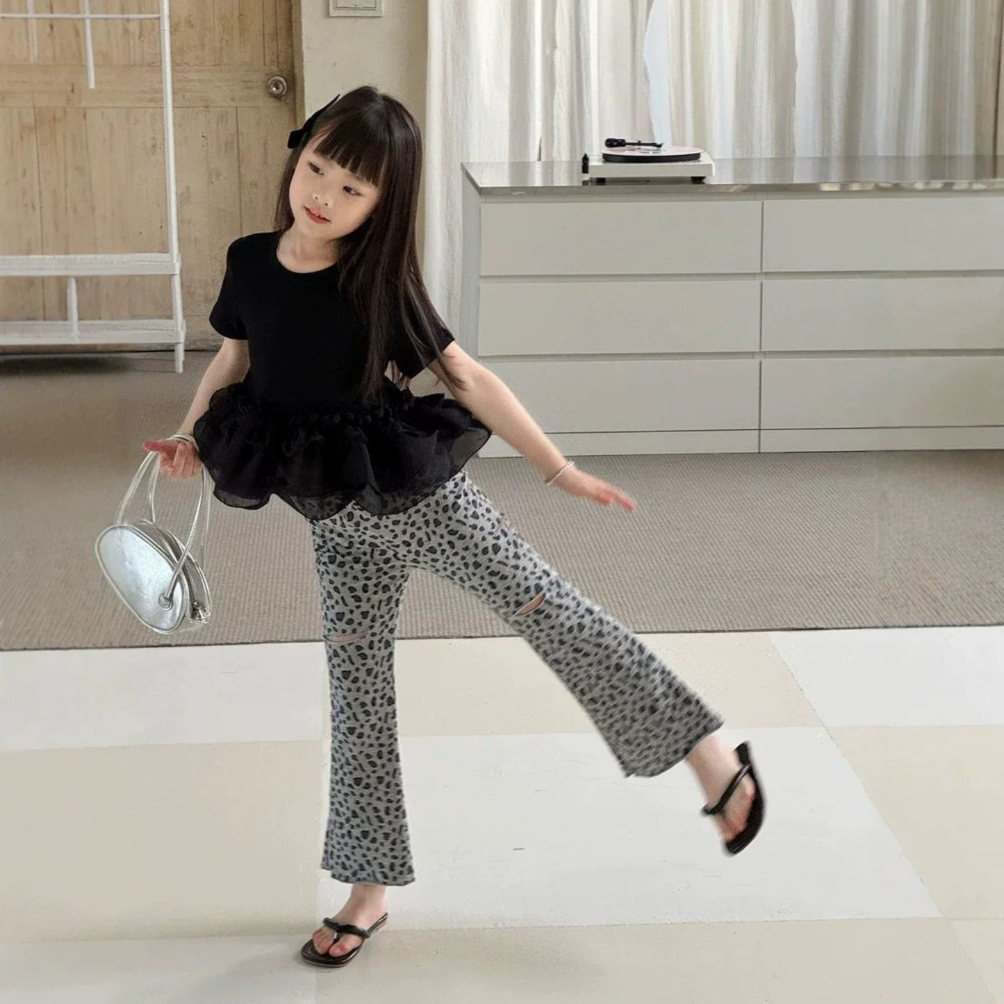 レオパード柄 膝スリット ロングフレアパンツ  　wrw1082066