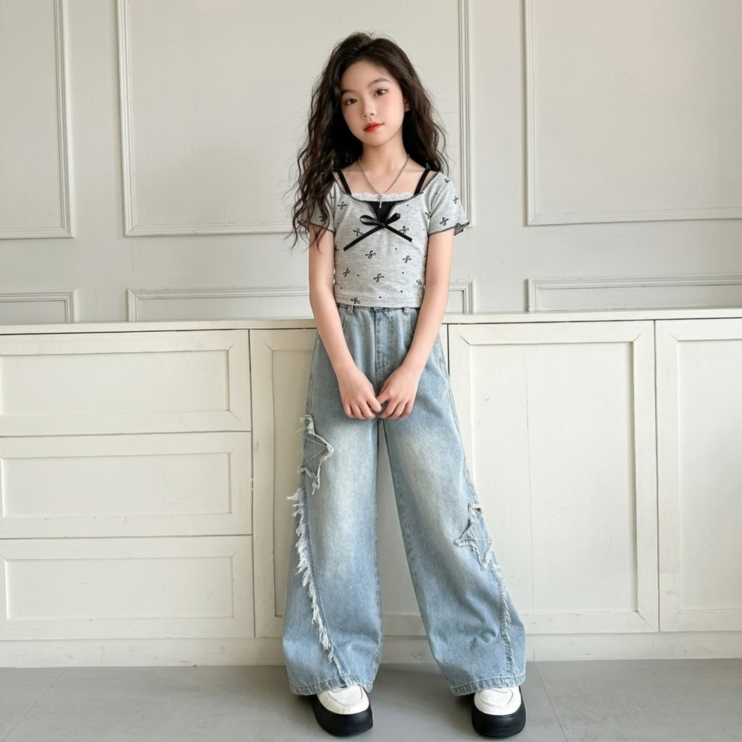 フェイクレイヤード 総柄リボン メローTシャツ    wrw1062796