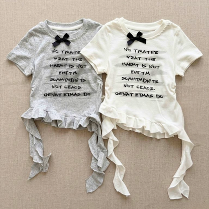 フロントリボン 英字プリント 裾フリルTシャツ  wrw1062626