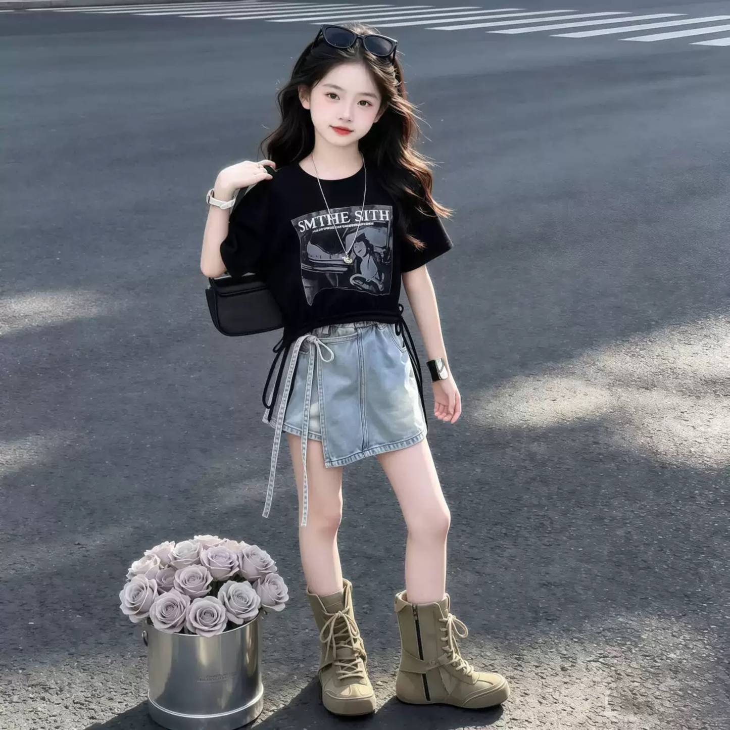 グラフィックプリント 裾ドロスト クロップドTシャツ  　wrw1062856