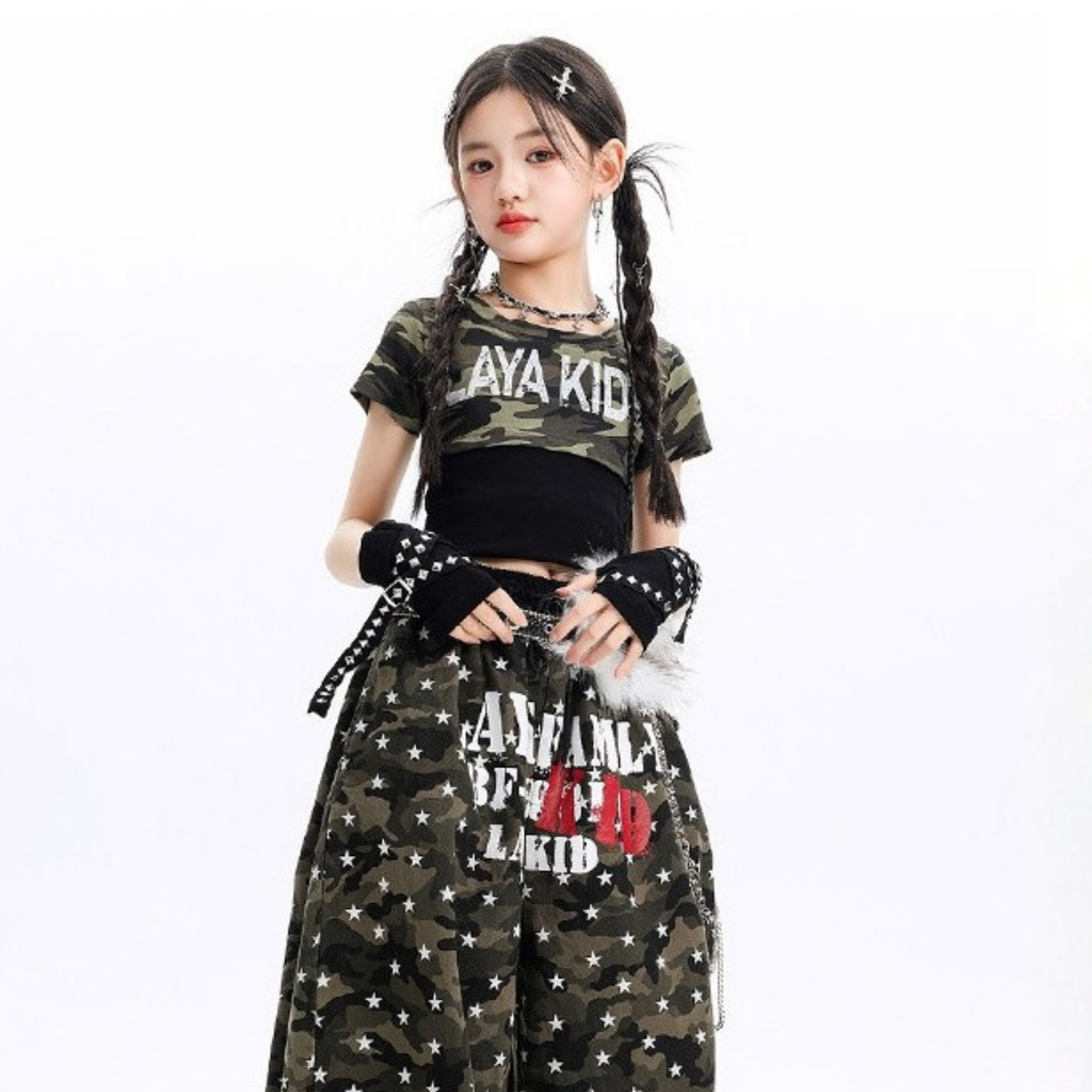 【メール便OK】迷彩柄 ロゴプリント クロップド半袖Tシャツ 　wrw10621046