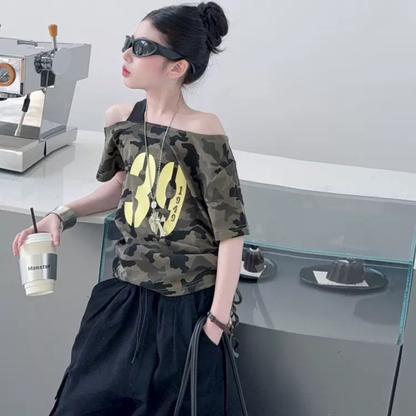 迷彩アシンメトリー・ワンショルTシャツ	wrw1062346
