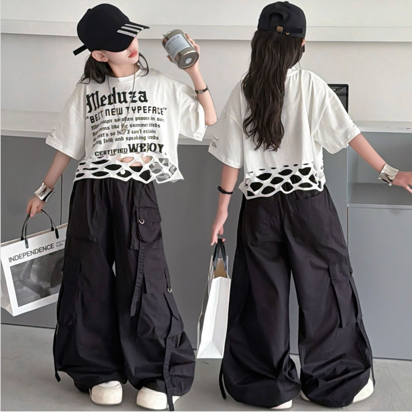 英字ロゴプリント 裾クラッシュクロップドTシャツ 　wrw1062866