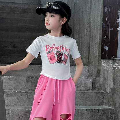 ドリンクプリント ラウンドヘム クロップドTシャツ  　wrw1062826