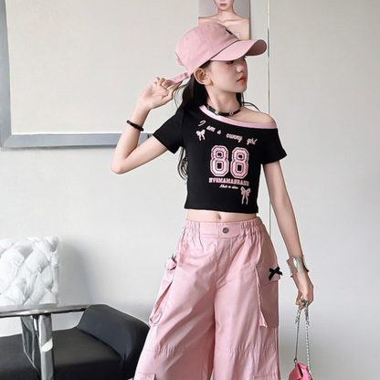 【メール便OK】オフショルダー ナンバリングバイカラー Tシャツ   　wrw1062956