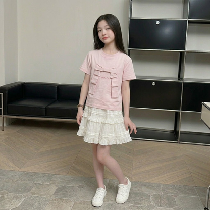 立体フリルリボン・ロゴ刺繍入り半袖Tシャツ   wrw1062536