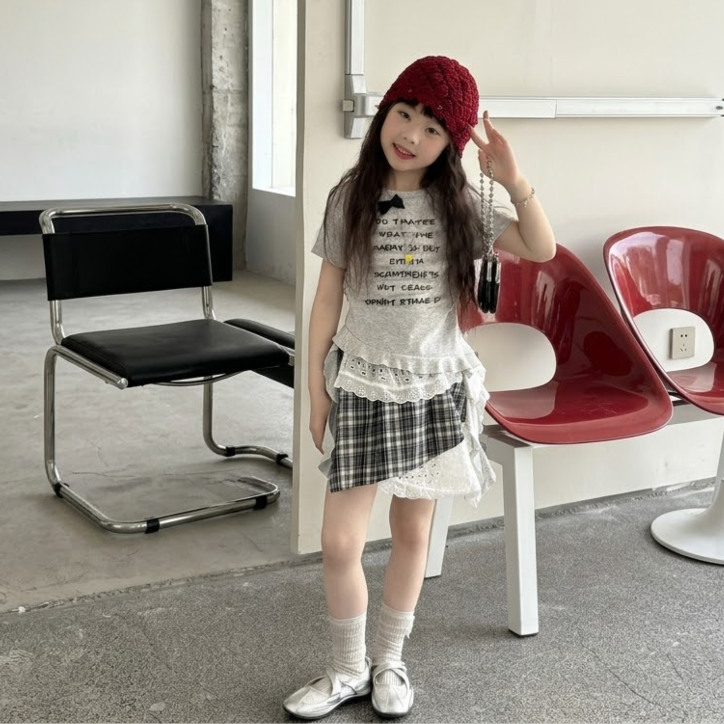 フロントリボン 英字プリント 裾フリルTシャツ  wrw1062626