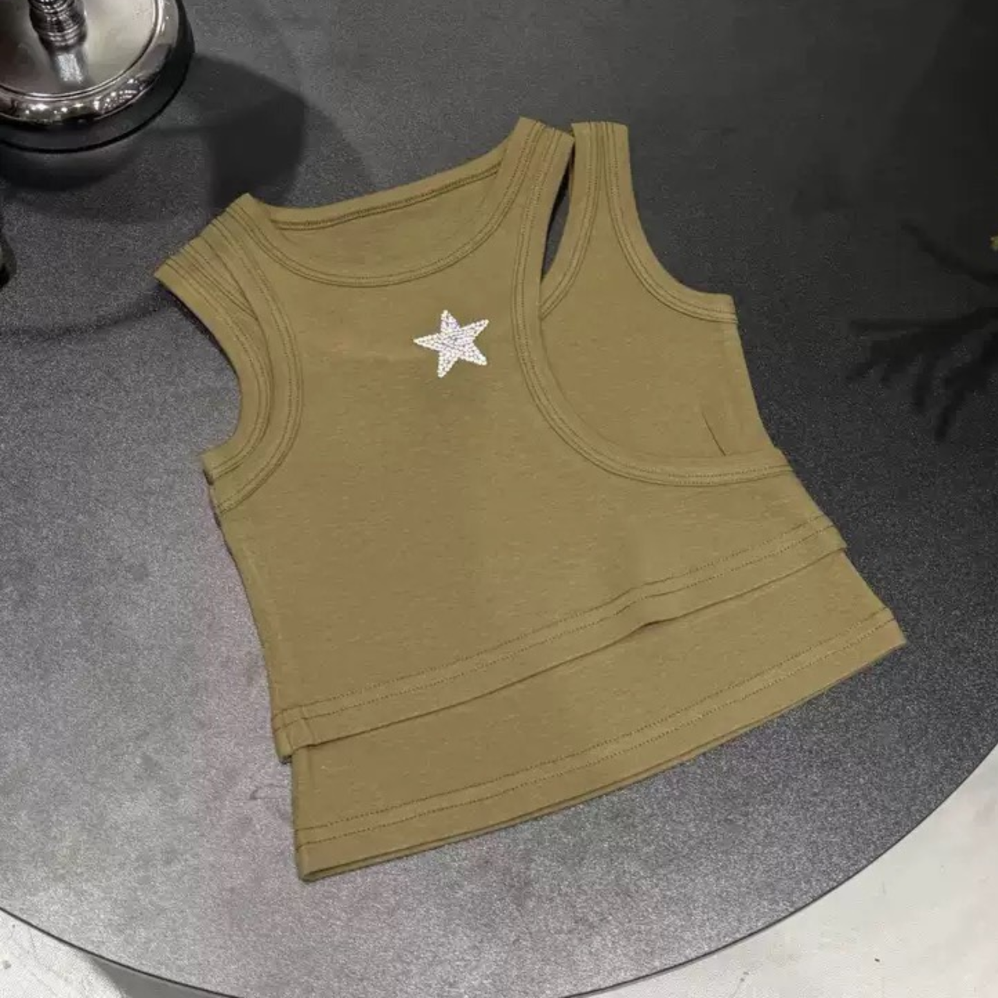 フェイクレイヤード ラインストーンスター タンクトップTシャツ  　wrw1062736