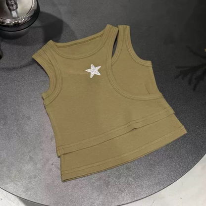 フェイクレイヤード ラインストーンスター タンクトップTシャツ  　wrw1062736