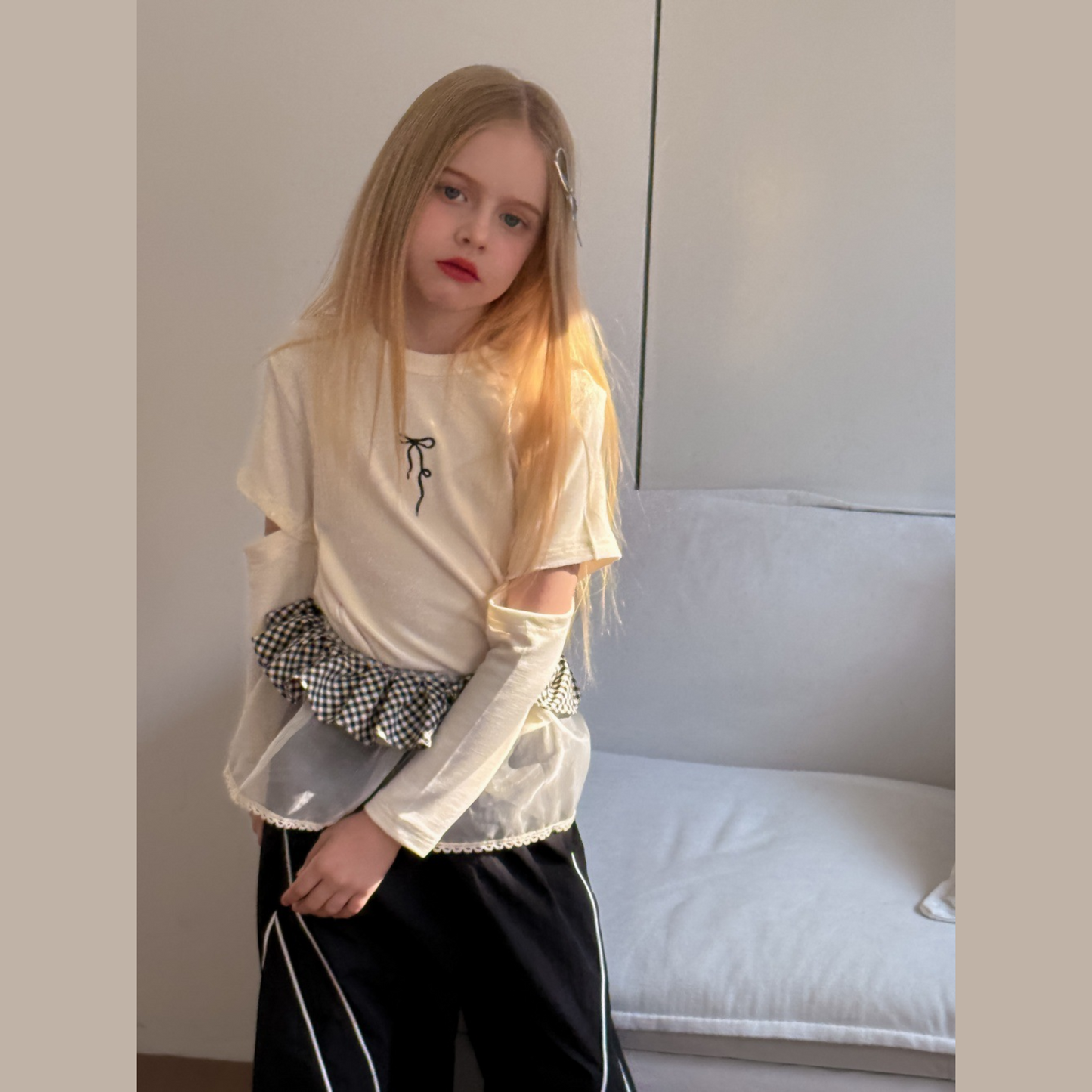 【メール便OK】スリットカットアウト袖リボンロンT   wrw25sp081