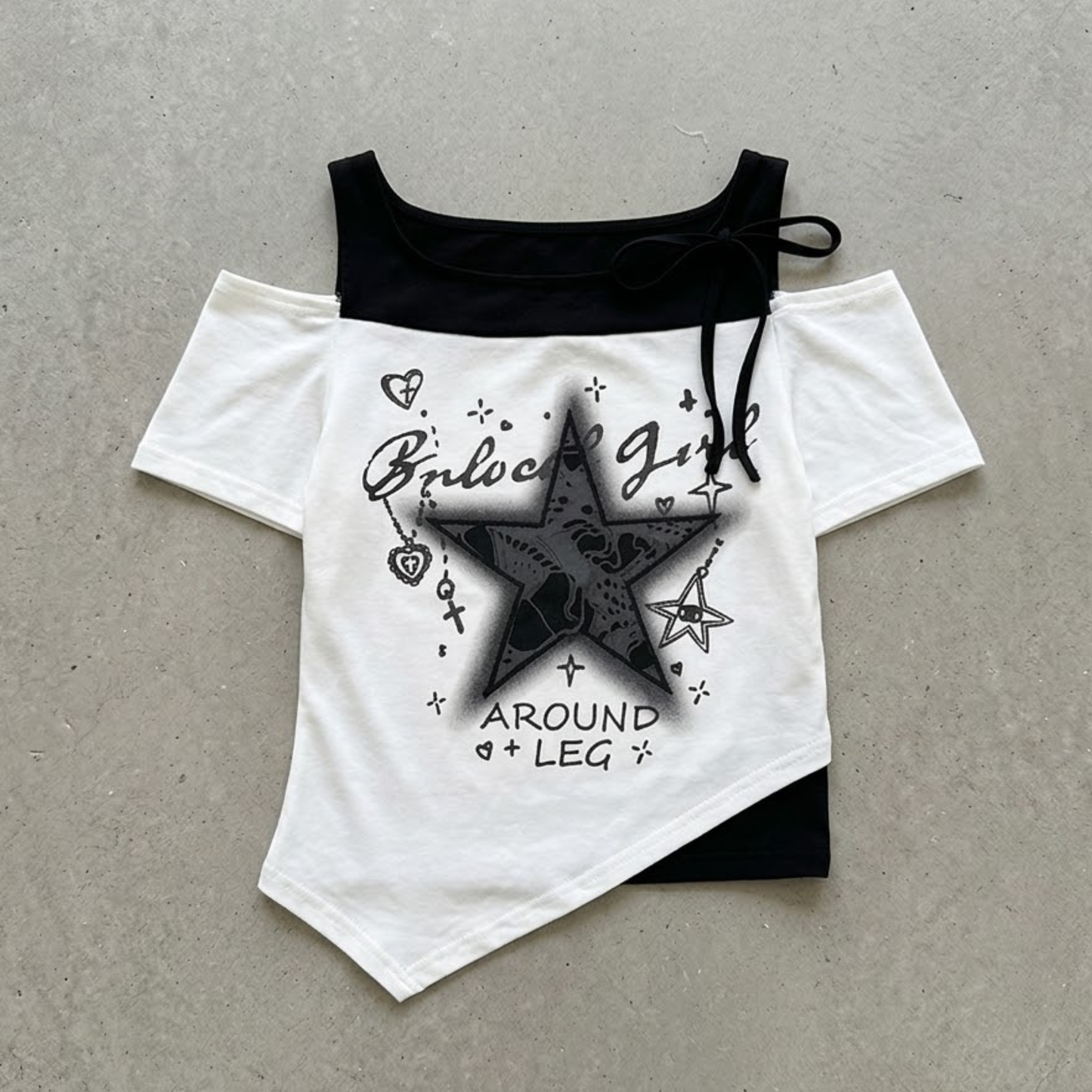 星プリントグラフィック ワンショル肩あきリボンTシャツ   wrw1062576