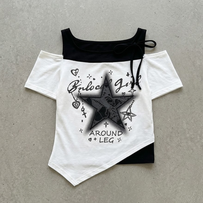 星プリントグラフィック ワンショル肩あきリボンTシャツ   wrw1062576