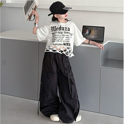 英字ロゴプリント 裾クラッシュクロップドTシャツ 　wrw1062866