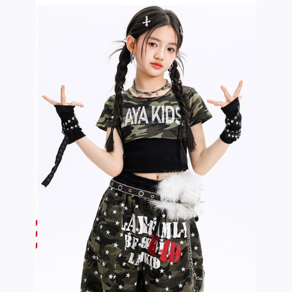 【メール便OK】迷彩柄 ロゴプリント クロップド半袖Tシャツ 　wrw10621046