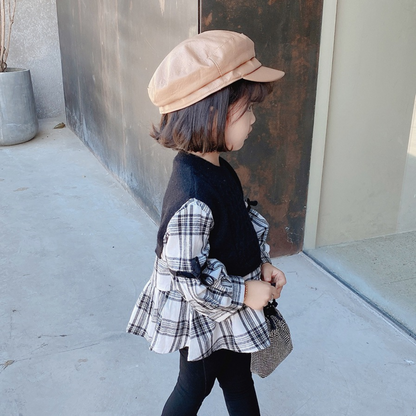 【メール便OK】　ニット重ね着風フリルチュニックチェック柄ブラウス wrw24aw377