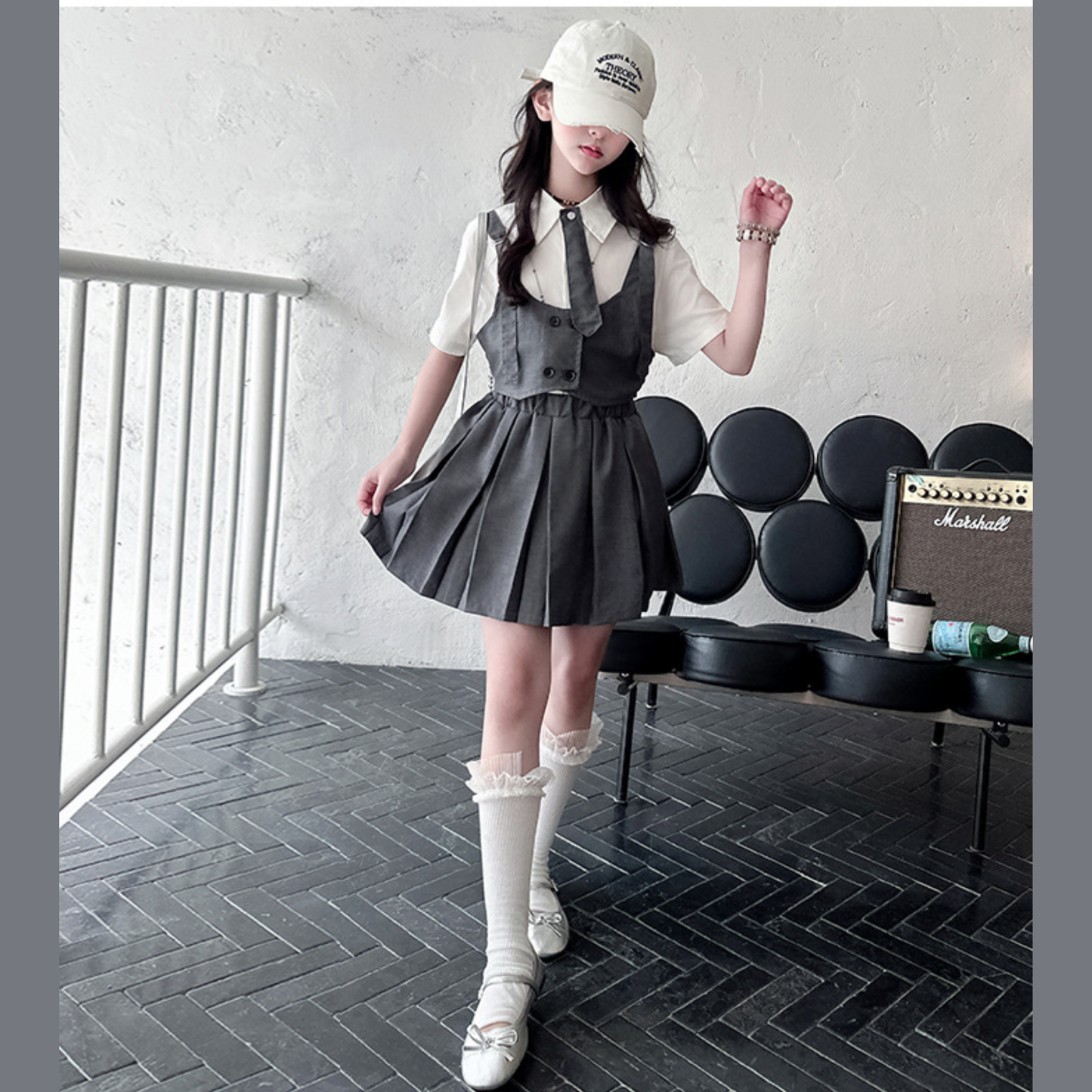 スクールガール風ネクタイ付きプレッピーセットアップ	wrw1022316