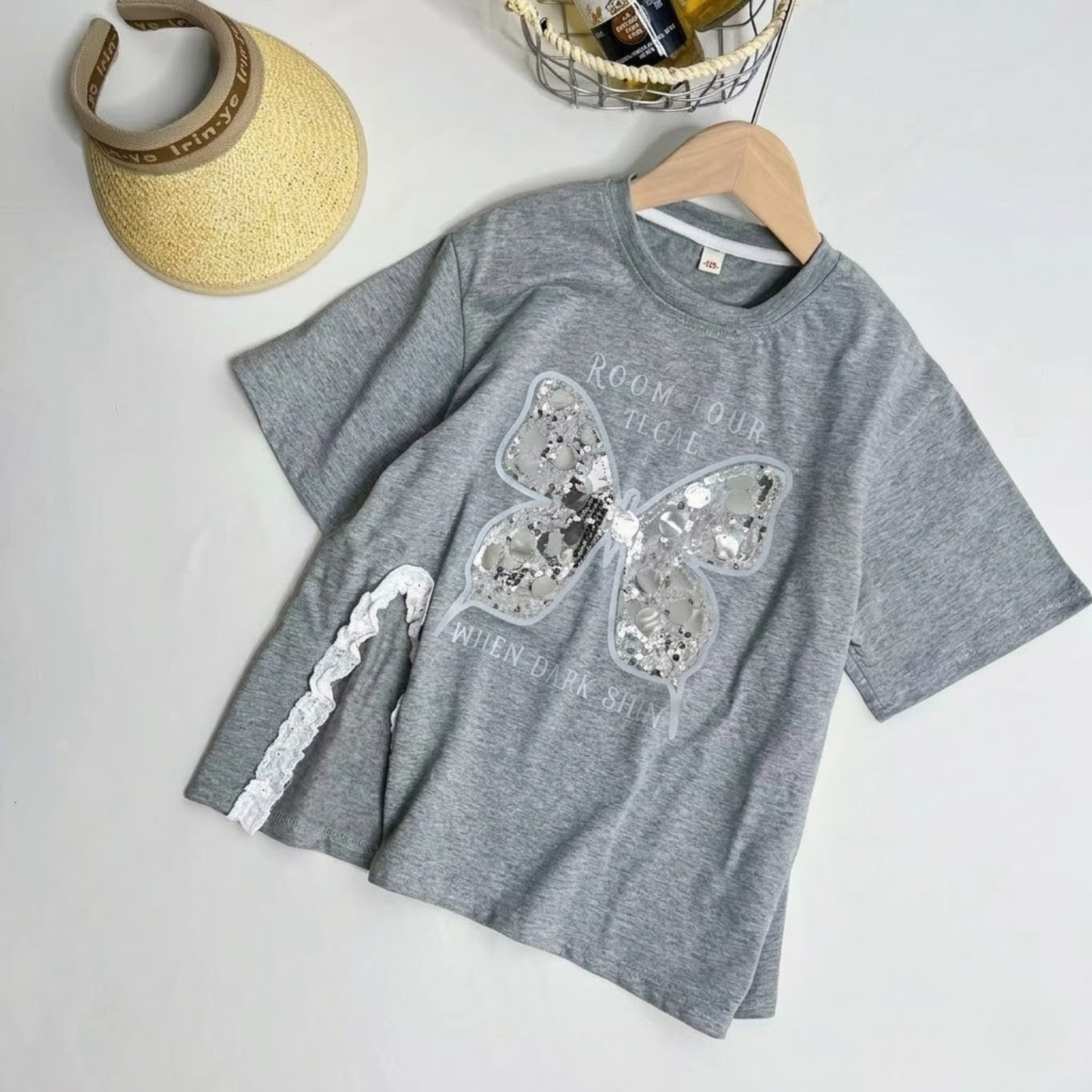 裾スリット切り替え スパンコールバタフライ チュニックTシャツ	wrw1022246