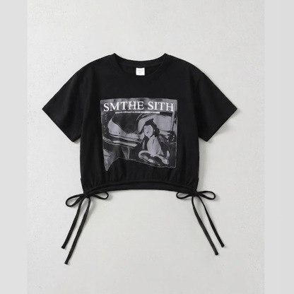 グラフィックプリント 裾ドロスト クロップドTシャツ  　wrw1062856