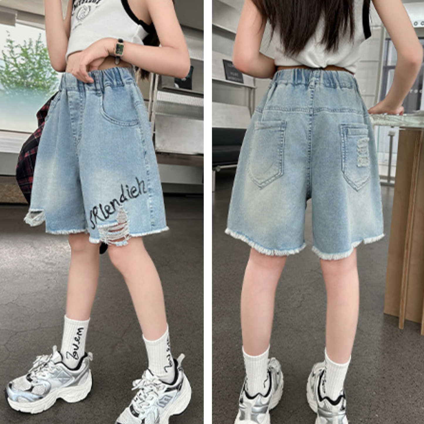 ロゴプリント ダメージ カットオフ デニムハーフパンツ 　wrw1092076