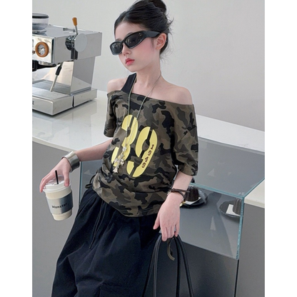 迷彩アシンメトリー・ワンショルTシャツ	wrw1062346
